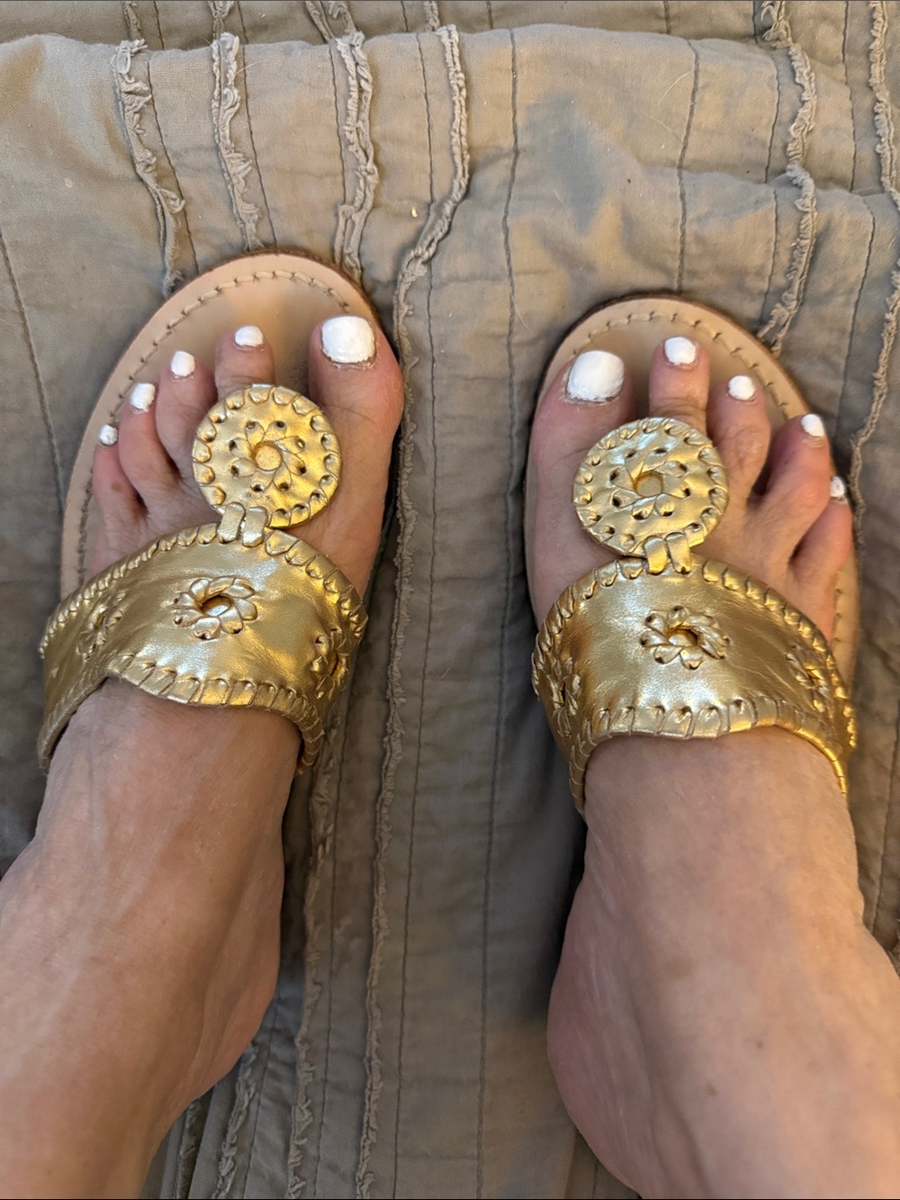 Jack Rogers Navajo Flat Gold Leather Thong Sandals with Medallion